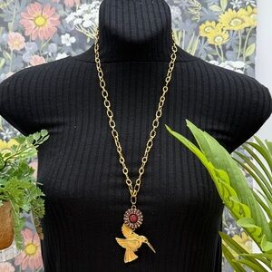 🌟Adorned Crown Jewelry assemblage hummingbird red rhinestone necklace